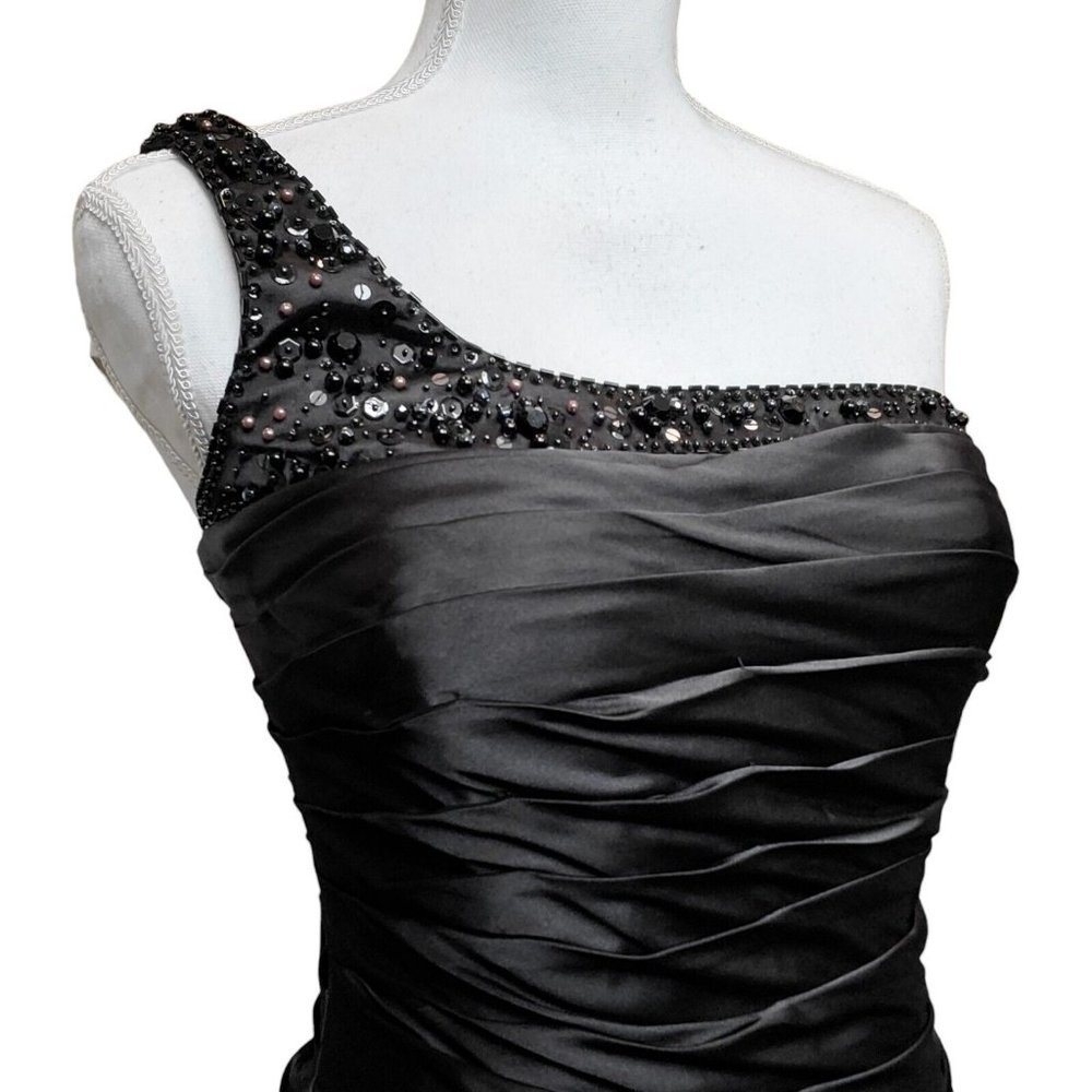 Y2K Black Satin One Shoulder Cocktail Dress Ruched Beaded LBD Sz 4‎ Knee Length - Picture 3 of 12